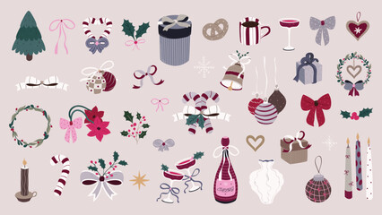 Set of 40 Cozy Christmas Illustrations. Festive Holiday Elements, winter decorations, cute icons for cards, invitations, and social media.