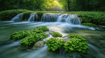 Serene forest stream cascades over mossy rocks. Lush greenery, sunlight