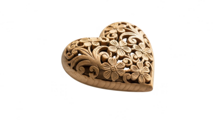 Intricately carved wooden heart with floral patterns isolated on transparent background