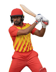 Cricketer in red and yellow uniform ready to swing a bat on isolated background