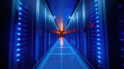 Server room hallway lit by blue LEDs