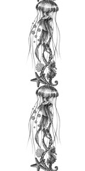 Ink drawing seamless jellyfish border illustration on white background, featuring marine details for packaging, labels, invitations, posters, nautical themes and decorative design projects. 