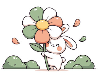 cute bunny lovingly holds a large flower set against a grassy backdrop Soft colors and a charming illustration style create a heartwarming and visually appealing scen