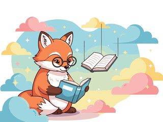 A cute fox with glasses reads a book, floating amongst pastel clouds. The whimsical illustration promotes stories and healing. Bright, cheerful, and inviting.