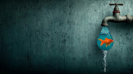 Water faucet with a water drop containing a goldfish environmental concept.