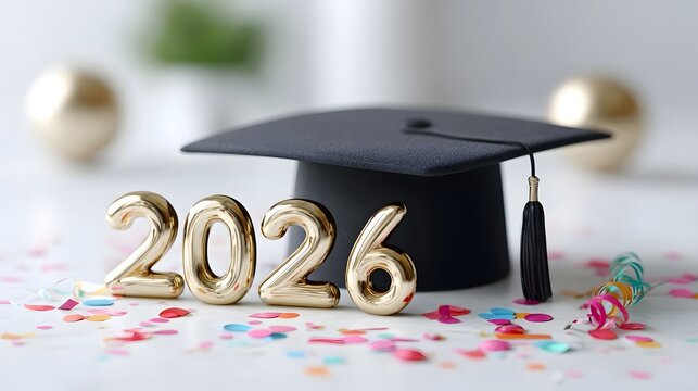 Festive scene with a graduation cap shiny gold balloons forming  2026  and scattered colorful confetti symbolizing upcoming educational achievements and milestone events