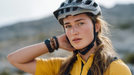 A cyclist adjusting helmet straps and checking tire pressure before riding, following a pre-ride safety routine to prevent road-related injuries — cycling safety, protective gear use, and outdoor