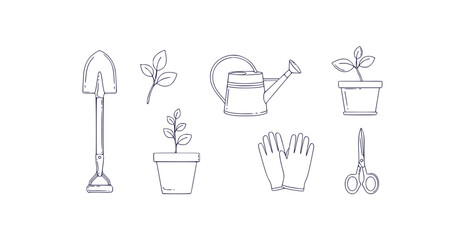 Soft minimal line art illustration set gardening tools and sprouting plant elements