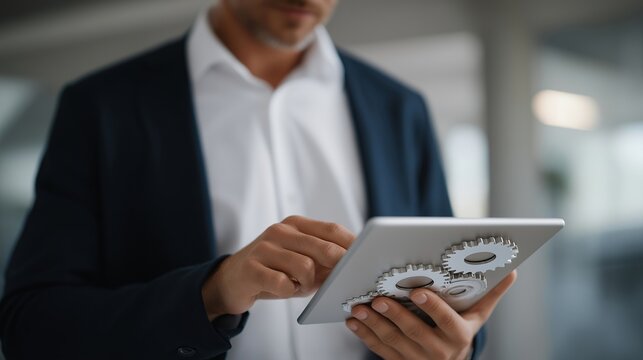 A graphic designer illustrating metallic gears on a digital tablet for a corporate presentation slide about efficiency and process improvement — business symbolism, digital illustration, and