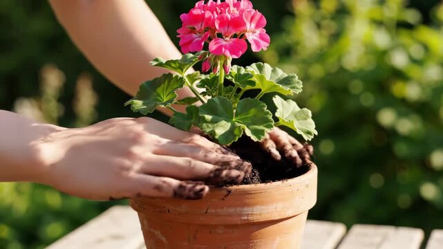 Person hands planting a pink geranium into a terracotta pot