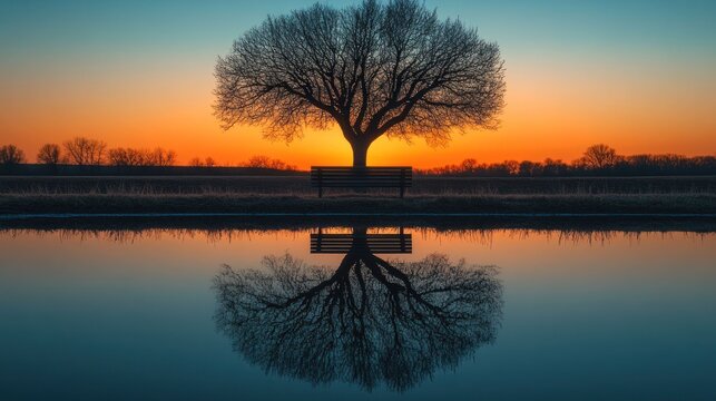 Silhouetted tree, bench, canal, sunset reflection - Powered by Adobe