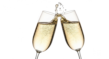 Two champagne flutes toasting with a sparkling splash, isolated on transparent background