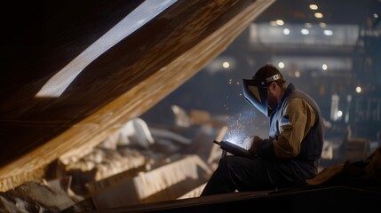 A welder inside a dimly lit shipyard repairing a massive hull plate, the dramatic arc illuminating the curved metal surfaces — maritime engineering, heavy-duty welding, and large-scale industrial