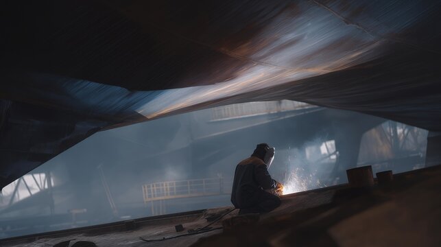 A welder inside a dimly lit shipyard repairing a massive hull plate, the dramatic arc illuminating the curved metal surfaces — maritime engineering, heavy-duty welding, and large-scale industrial