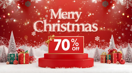 Red Christmas holiday background with Christmas tree, snowflakes, gold ornaments and winter festive design.