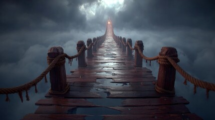 Wooden Bridge Leading to Light in Dramatic Cloudy Sky.