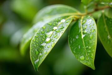 Fototapeta premium Close-up of vibrant green leaves adorned with glistening water droplets symbolizing nature's freshness