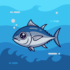 Fototapeta premium A charming cartoon illustration of a blue tuna fish with large, expressive eyes swimming gracefully in the deep blue ocean.