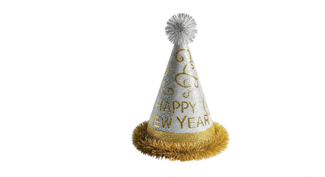 Happy new year party hat with pompom, isolated on transparent background