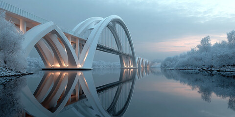 Modern white bridge arches over a foggy river surrounded by nature in early morning light