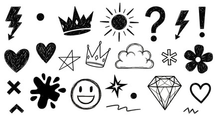 Hand drawn doodle elements collection with crowns hearts and stars