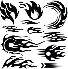 Flame Vector Silhouettes, Tribal Fire Icons and Speed Flame Set