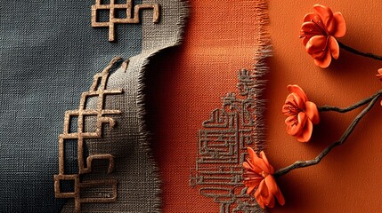 Abstract artwork with floral elements and geometric patterns.