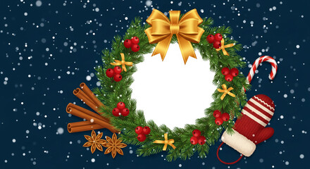 Christmas wreath with red berries, golden bow, and decoration on blue snowy backdrop, representing holiday season, celebration, joy, and festive spirit. Free space