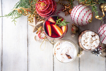Winter hot drink cafes menu, with mulled wine, eggnog and hot chocolate