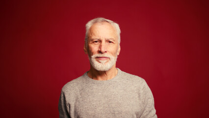Obraz premium Portrait of happy senior man touching grey beard looking at camera posing isolated on red background