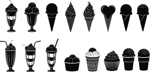Ice cream and dessert silhouette set featuring cones, sundaes, milkshakes, cupcakes, swirls, treats, sweets, and frozen snacks