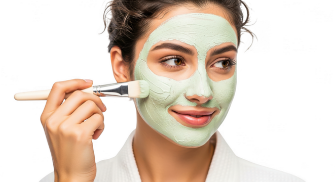 Young woman applying green clay face mask with a brush, isolated on transparent background - Powered by Adobe