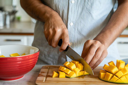 Person slicing a ripe mango into cubes on a wooden cutting board in a kitchen - Powered by Adobe