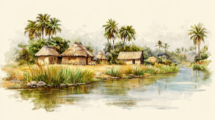 Watercolor, illustration of traditional African huts in a village by the river