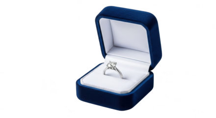 Diamond engagement ring in a blue velvet box isolated on transparent background