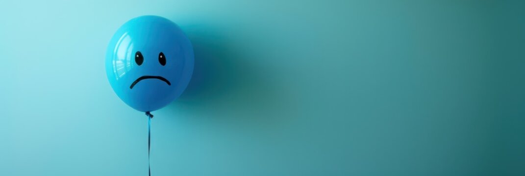 Blue monday concept with sad smiley balloon against monochromatic blue background. Horizontal banner. Copy space. Saddest, depressing day. Seasonal depression, mental health concept - Powered by Adobe