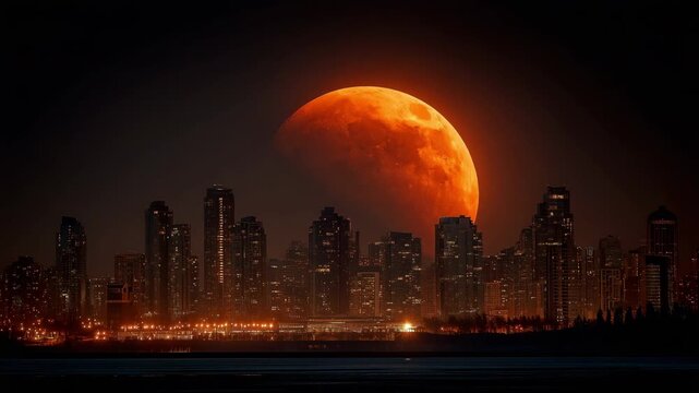 A full moon eclipse over the skyline of a city