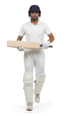 Cricket player in white uniform walking forward holding bat horizontally