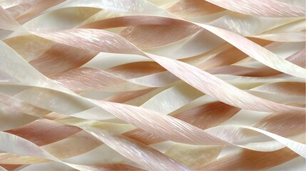 Close up view of an abstract interwoven texture of thin translucent ribbons with a shimmering iridescent effect in delicate shades of white cream peach and rose gold conveying elegance and luxury