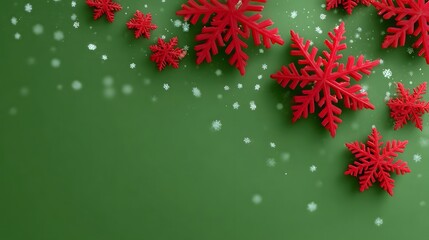 Festive red snowflake deco ns and blurred white snow elements overlay a vibrant green background evoking a winter holiday theme