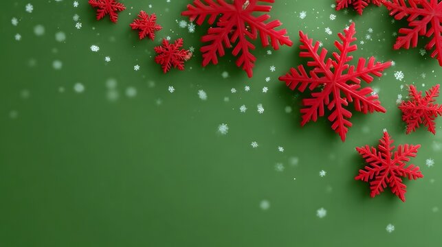 Festive red snowflake deco ns and blurred white snow elements overlay a vibrant green background evoking a winter holiday theme