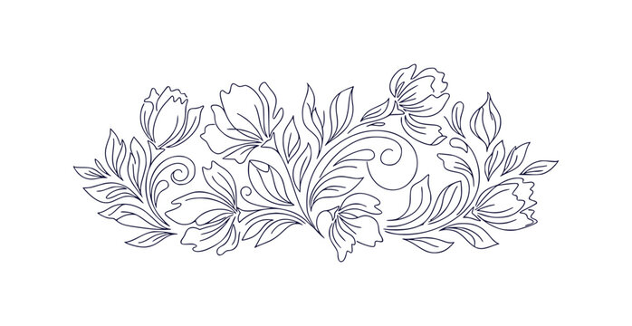Elegant continuous line floral elements with delicate petals stems and organic leaf curves