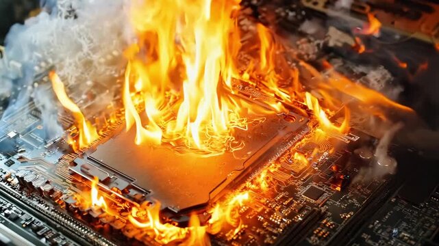A computer motherboard on fire with smoke coming out of it