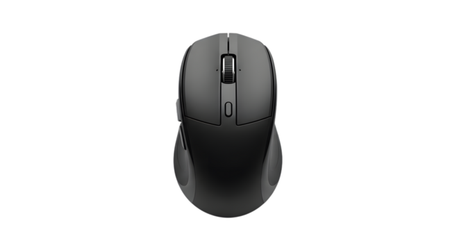 Modern dark gray wireless computer mouse top view isolated on transparent background