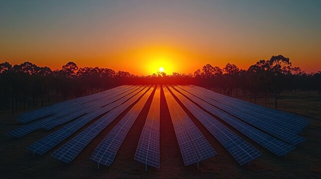 Solar panels arrayed at sunset