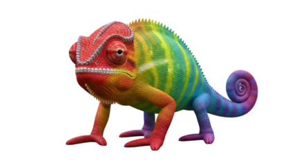 Colorful chameleon illustration with rainbow scales isolated on transparent background