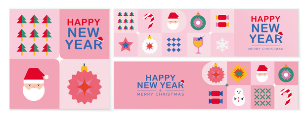 Social media covers with New Year illustrations in minimalist style. Happy New Year banners.