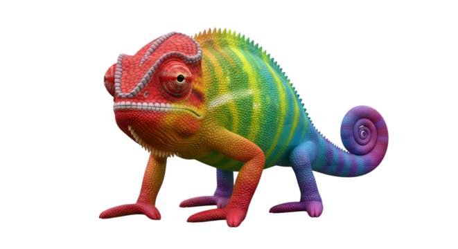 Colorful chameleon illustration with rainbow scales isolated on transparent background