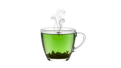 Green tea in glass cup, isolated on transparent background