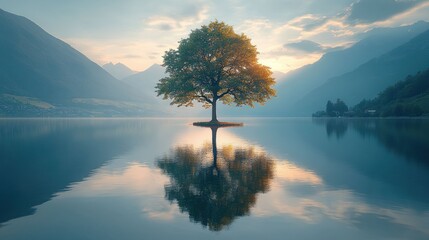 Solitary tree reflects on still lake at dawn